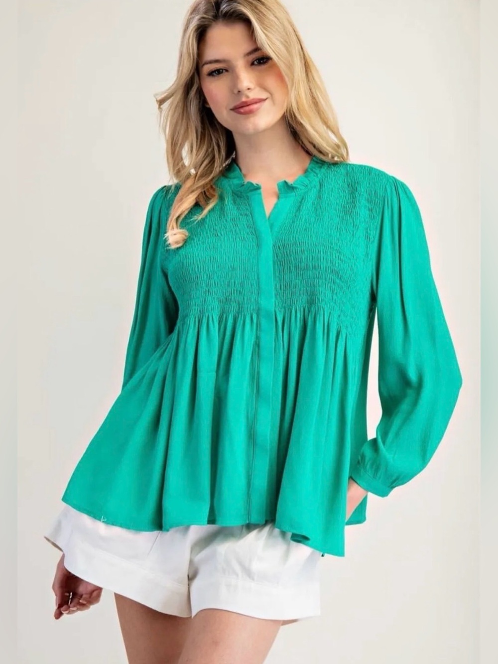 eesome Bright Emerald Green Smocked Peasant Blouse